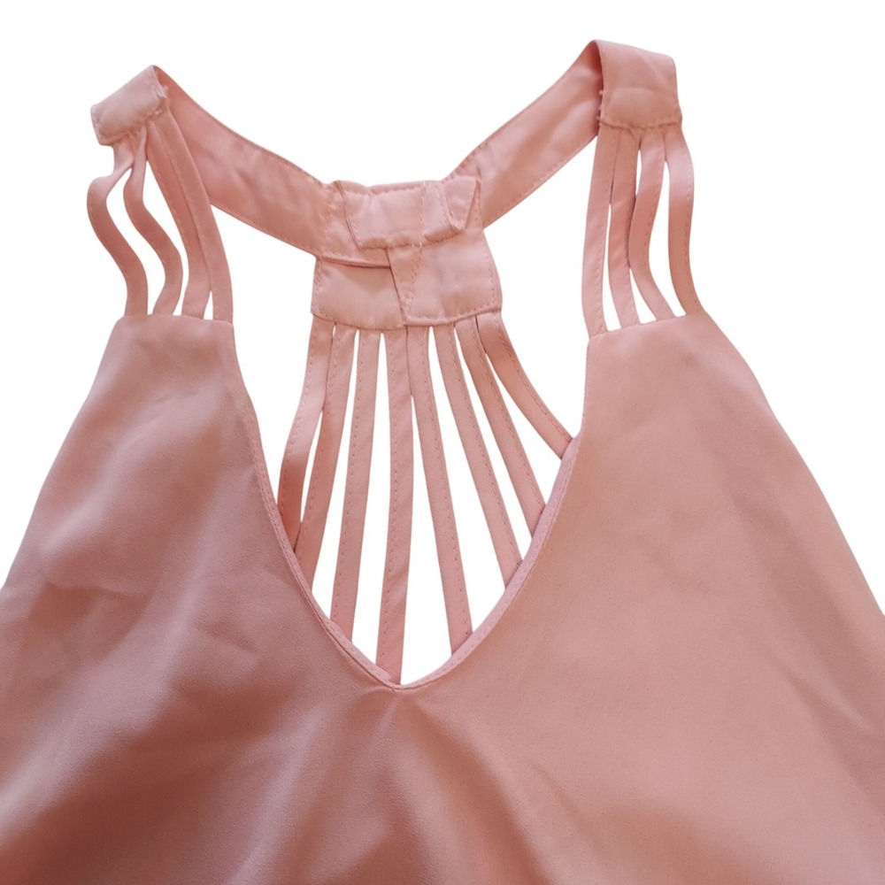 Pink V Neck Trapeze Dress Sleeveless‎ Strappy Back Casual Sundress Medium Flowy